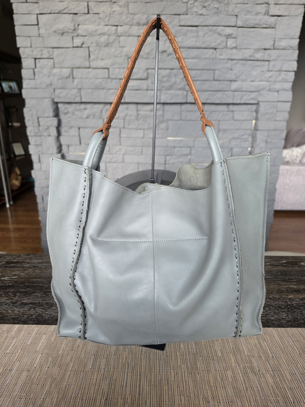 The Sak Soft Blue Los Feliz Large Leather Tote with Contrast Tan Handles - Picture 2 of 5